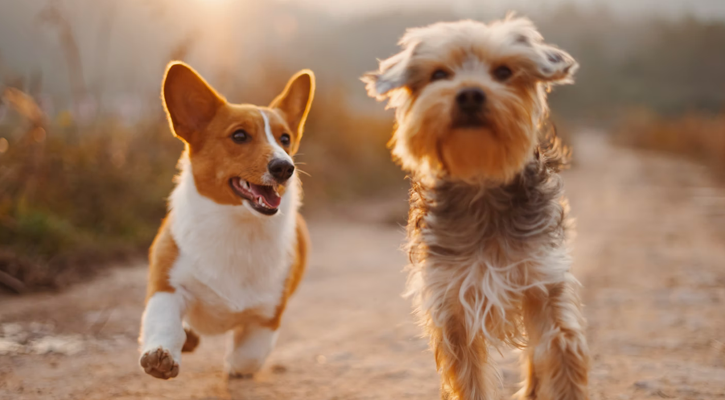 Two puppies running down a dirt road together